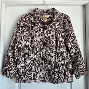 Ecologie Zebra Print Blazer Jacket Brown Beige‎ 3/4 Sleeve Lined Women Sz XL VTG